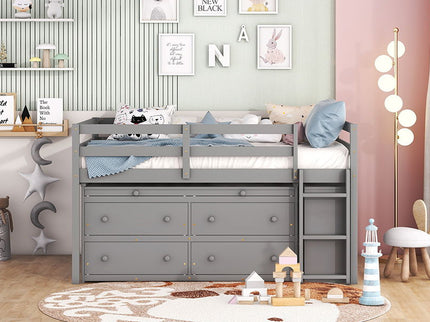 Loft Bed With Retractable Writing Desk And 4 Drawers, With Lateral Portable Desk And Shelves
