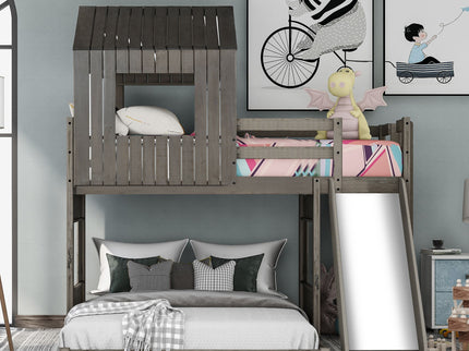Loft Bunk Bed With Playhouse, Farmhouse, Ladder, Slide And Guardrails