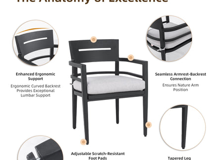 Outdoor Patio Dining Set, Squircle Dining Table, Dining Chairs With Sunbrella Cushions