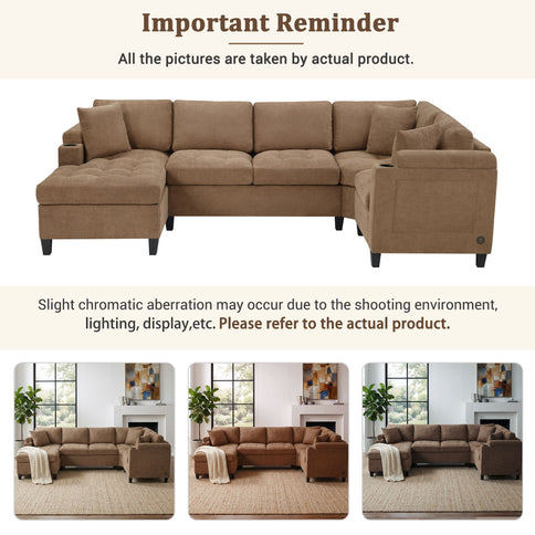 U Shaped Sectional Sofa, Corner Living Room Couch With Built In Cup Holders, Storage, USB Ports