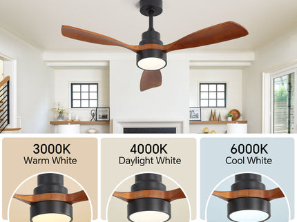 48" Ceiling Fan With Light, Dual Mount (Flush / Downrod), Dimmable LED, Quiet DC Motor, 3 Blades