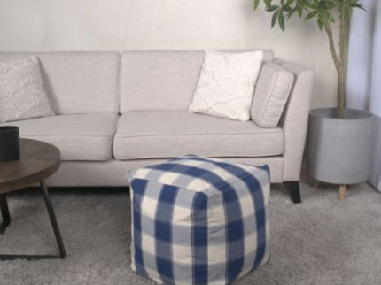 Connor - Checkered Square Pouf Ottoman And Floor Cushion - Ivory / Navy