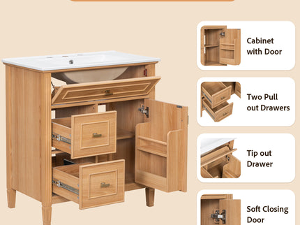 Bathroom Vanity With Sink, Flip Drawer & Adjustable Shelf - Natural