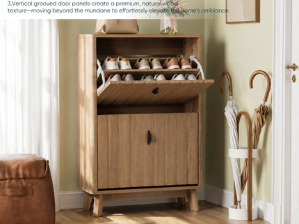Entryway Shoe Cabinet With Flip Down Storage, Ultra Thin Freestanding Design For Home Use - Oak