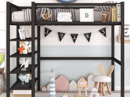 Loft Bed With 4 Tier Shelves And Storage