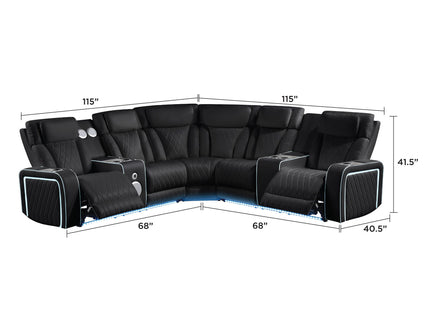 Electra - Power Recliner Sectional Sofa With Power Headrests, Console Loveseats, Wedge, LED Light Strip, Speakers