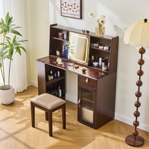 Modern Elegance Makeup Vanity Desk With Adjustable Lighted Mirror Storage Shelves Drawer And Cabinet - Walnut