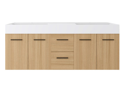 Floating Double Sink Bathroom Vanity With Drawers And Doors, Extra Large Storage, Integrated Sink, Soft Close Hardware - Glossy White / Light Oak