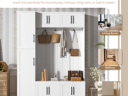 Tall Hall Tree With Shoe Storage, 4 In 1 Entryway Bench With 6 Cabinets, 4 Coat Hooks & Adjustable Shelf For Hallway - White