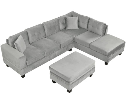 Modern Sectional Sofa With Storage Ottoman, L - Shape Couch With 2 Pillows And Cup Holders