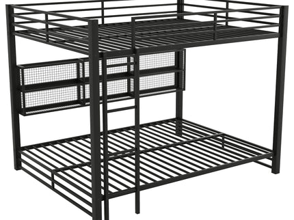 Queen Over Queen Bunk Bed With Storage Cabinets And LED Sturdy Frame, 6 Storage Units, Adjustable LED Lights - Black
