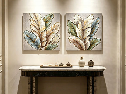 Botanical Leaf Wall Art, Textured Canvas Painting With Accents, Framed Decor For Living Room (Set of 2) - Green Leaf