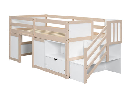 Low Loft Bed With Stair, Drawer, And Shelf