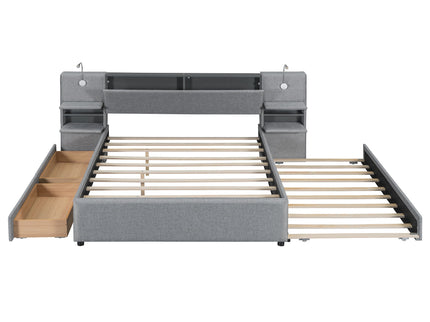 Upholstered Platform Bed With Reading Lights, Drawers, Trundle And Shelves