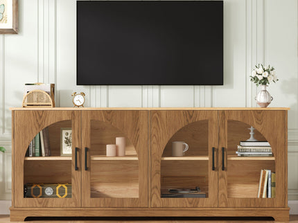 TV Stand With Semi Arched Glass Doors, Media Console With Adjustable Shelves For Living Room - Brown