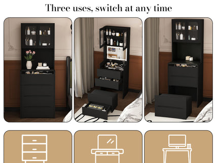 3 In 1 Vanity Table With LED Mirror & Storage Stool For Bedroom