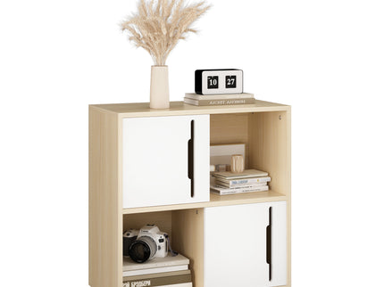 Storage Cabinet With Sliding Doors, 2 Tier Open And Closed Shelves Organizer - Natural / White