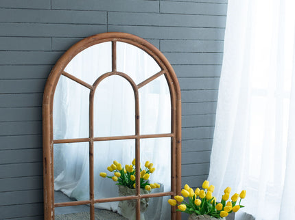Large Arched Accent Mirror With Frame With Decorative Window Look Classic Architecture Style Solid Fir Wood Interior Decor - Brown