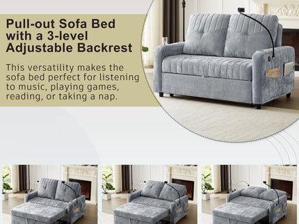 Modern Loveseat Pull Out Sofa Bed With Adjustable Backrest, Two Cup Holders, A Phone Holder, Three Charging Ports And Side Storage Pockets For Living Room