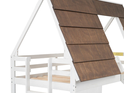 Wood Twin Size House Bunk Bed With Roof, Ladder And Slide - White / Brown