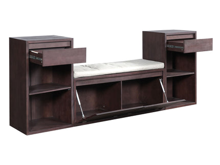 Entryway Storage Bench With Cushion, Drawers & Open Shelves