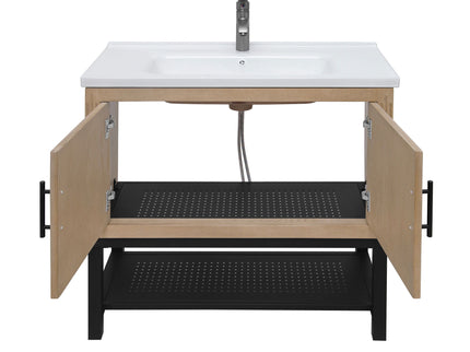 Modern Freestanding Bathroom Vanity With Ceramic Sink, Hot And Cold Faucet, Storage Cabinet & Open Shelf