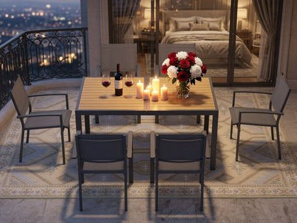 7 Piece Gray Patio Dining Set With Hdps Table And Textilene Chairs For Outdoor Use, Metal Furniture