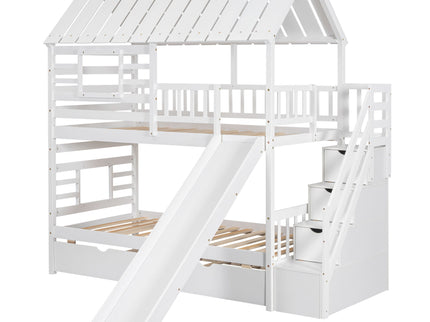 House Bunk Bed With Trundle, Storage Staircase, Roof And Window Design