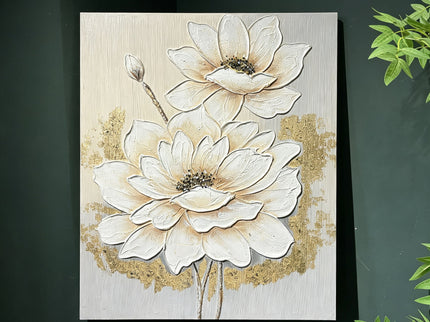 Lotus Flower Canvas Wall Art, Hand Painted Thick Textured Floral Painting With Accents, Neutral Decor For Living Room - Antique White / Gray
