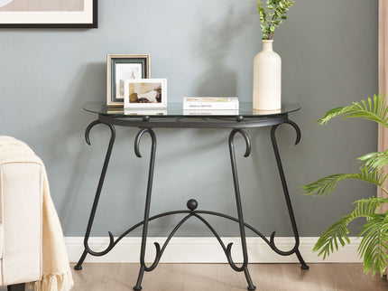 Tempered Glass Surface Console Table Coffee Table With Sturdy Construction For Living Room (Rustic) - Black