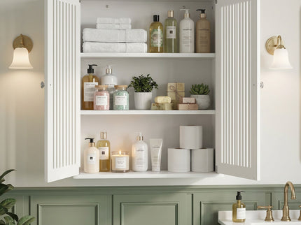Louvered Double Door Wall Mounted Bathroom Cabinet - White