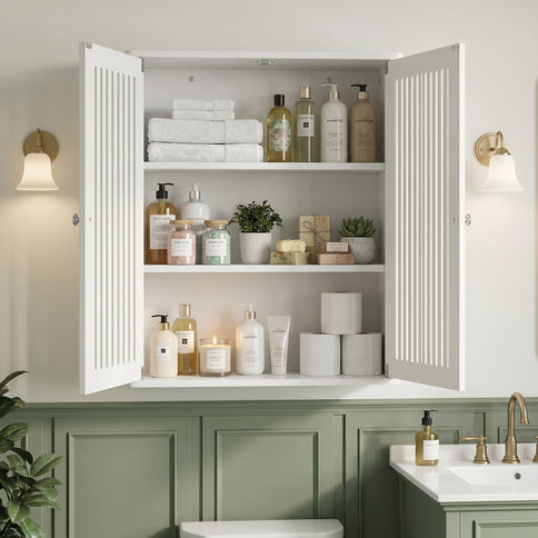 Louvered Double Door Wall Mounted Bathroom Cabinet - White