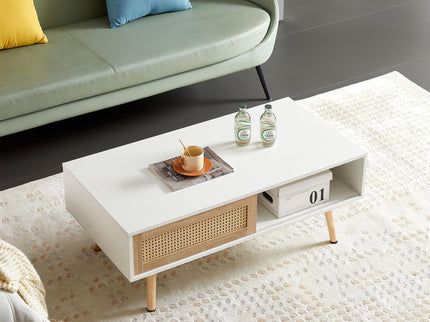 41.34" Rattan Coffee Table, Sliding Door For Storage, Solid Wood Legs, Modern Table For Living Room