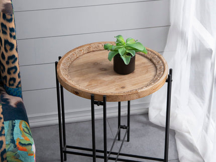 Round Side Table With Wood Top, End Table For Living Room Bedroom - Black Brown