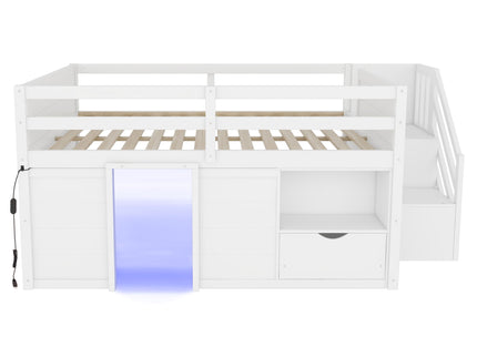 Low Loft Bed Frame With Built In Stairs, Storage Drawer, Shelf And 7 Color LED Light