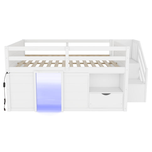 Low Loft Bed Frame With Built In Stairs, Storage Drawer, Shelf And 7 Color LED Light