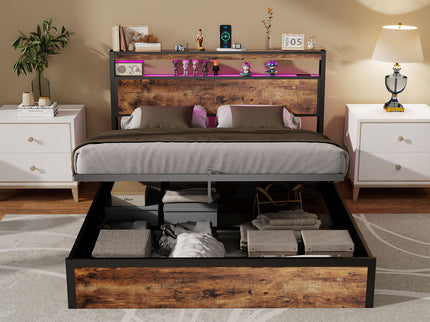 Frame With Hydraulic Lift Storage, RGB LED Lights & Multi-Port Charging, No Box Spring Needed