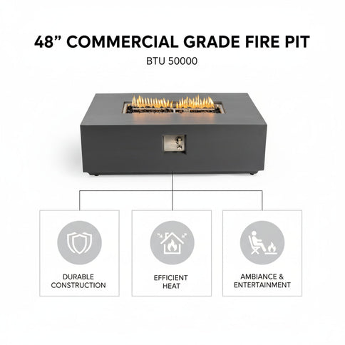 Volon - Rectangular Fire Pit Table, Propane Powered, 50,000 BTU - Light Gray