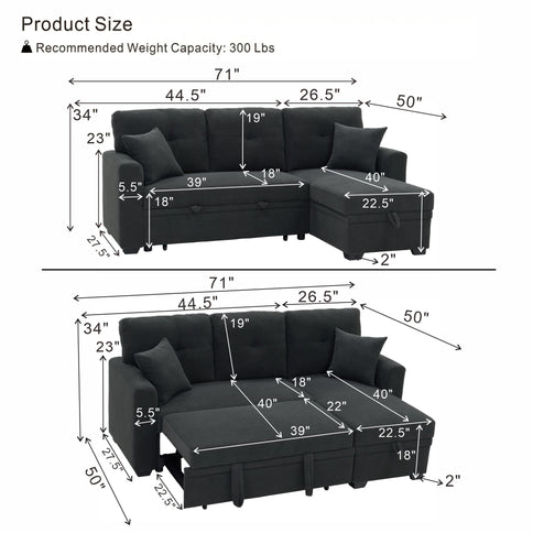 Sleeper Sectional With Pull Out Bed, Reversible Chaise