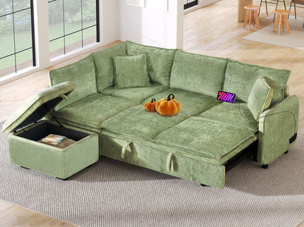 Convertible Sofa Bed Sectional Sofa Sleeper L-Shaped Sofa With A Storage Ottoman, Two Pillows, Two Power Sockets And Two USB Ports For Living Room