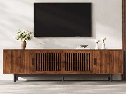 TV Stand, Media Console With Soft Closing Hinges, Adjustable Shelves, Slatted Doors - Walnut