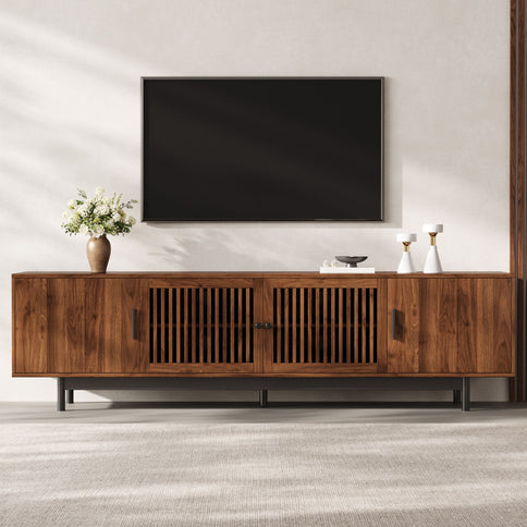TV Stand, Media Console With Soft Closing Hinges, Adjustable Shelves, Slatted Doors - Walnut