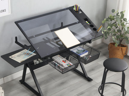 Adjustable Tempered Glass Drafting Printing Table With Chair
