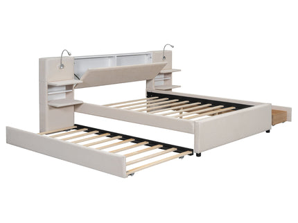 Upholstered Platform Bed With Reading Lights, Drawers, Trundle And Shelves