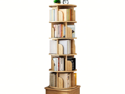 6 Tier Rotating Bookshelf With Wheels And Drawer, 360° Spinning Design, Space Saving Storage, For Home - Wood