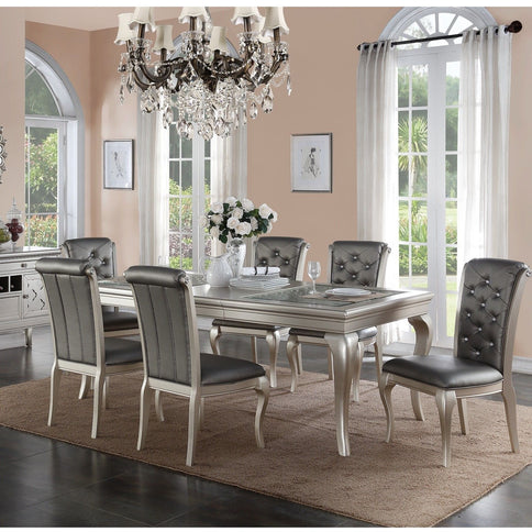 Rectangle Dining Table With Glass Top And 6 Tufted Back Chairs - Gray / Silver