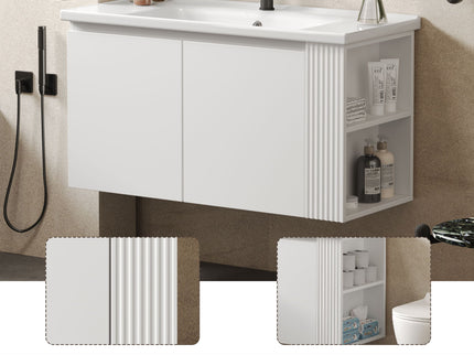 Wall Mounted Bathroom Vanity With Sink, 2 Open Shelves - White
