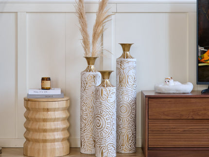Floor Metal Vases Decorated Metal Vases (Set of 3) Gorgeous Home Decoration Large Glazed Metal Vases - White / Gold