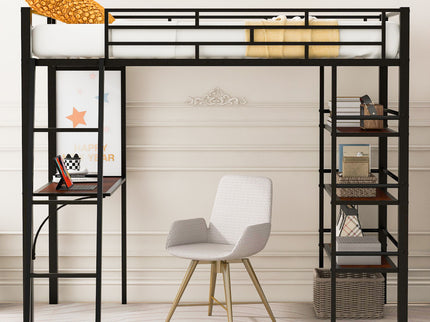 Loft Metal Bed With 3 Layers Of Shelves And Desk, Stylish Metal Frame Bed With board