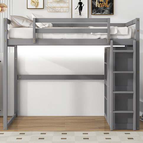 Loft Bed With Built In Wardrobe, Storage Shelves, And LED Light